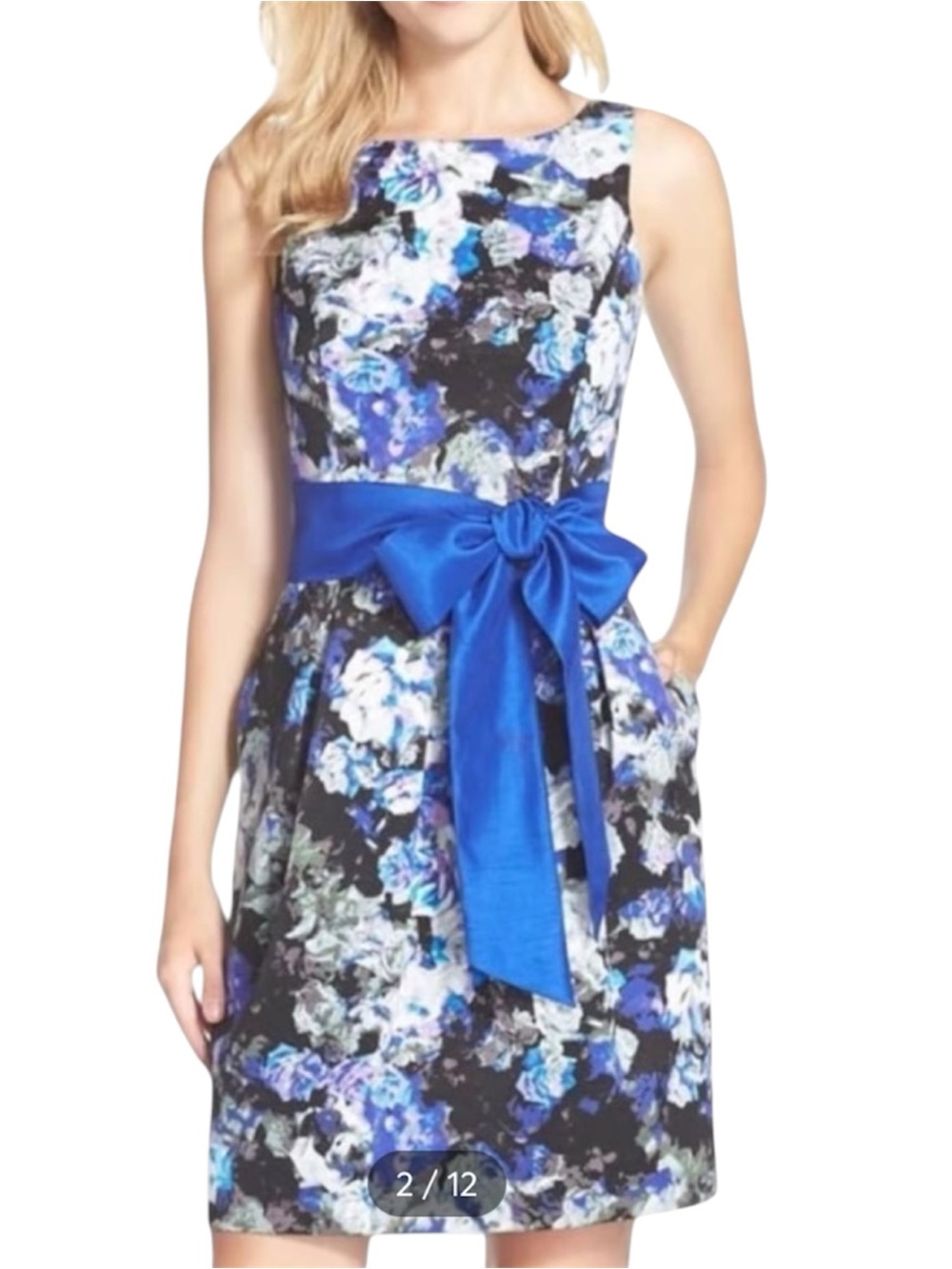 Eliza J Blue and Black Floral (Missing Tie-Waist) Sleeveless Mini Dress